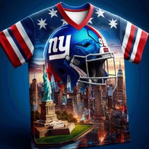 A new york giants jersey with the statue of liberty and the statue of liberty in the background.