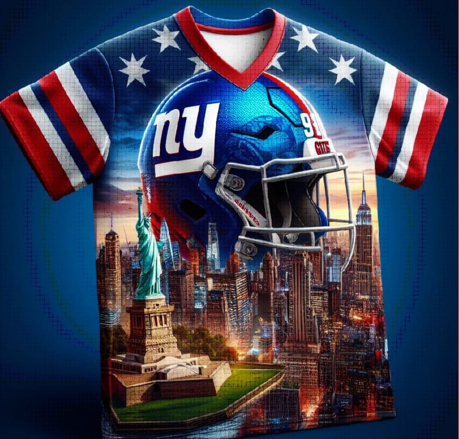 A new york giants jersey with the statue of liberty and the statue of liberty in the background.