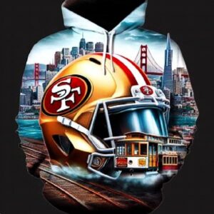 A football helmet with the san francisco skyline in the background.