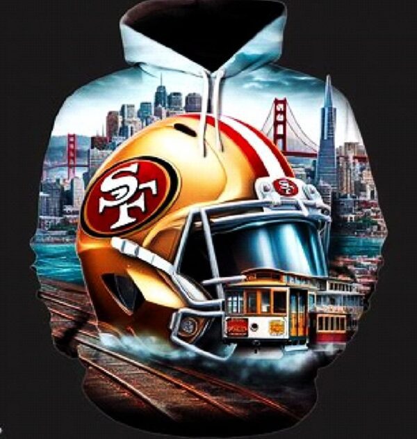 A football helmet with the san francisco skyline in the background.