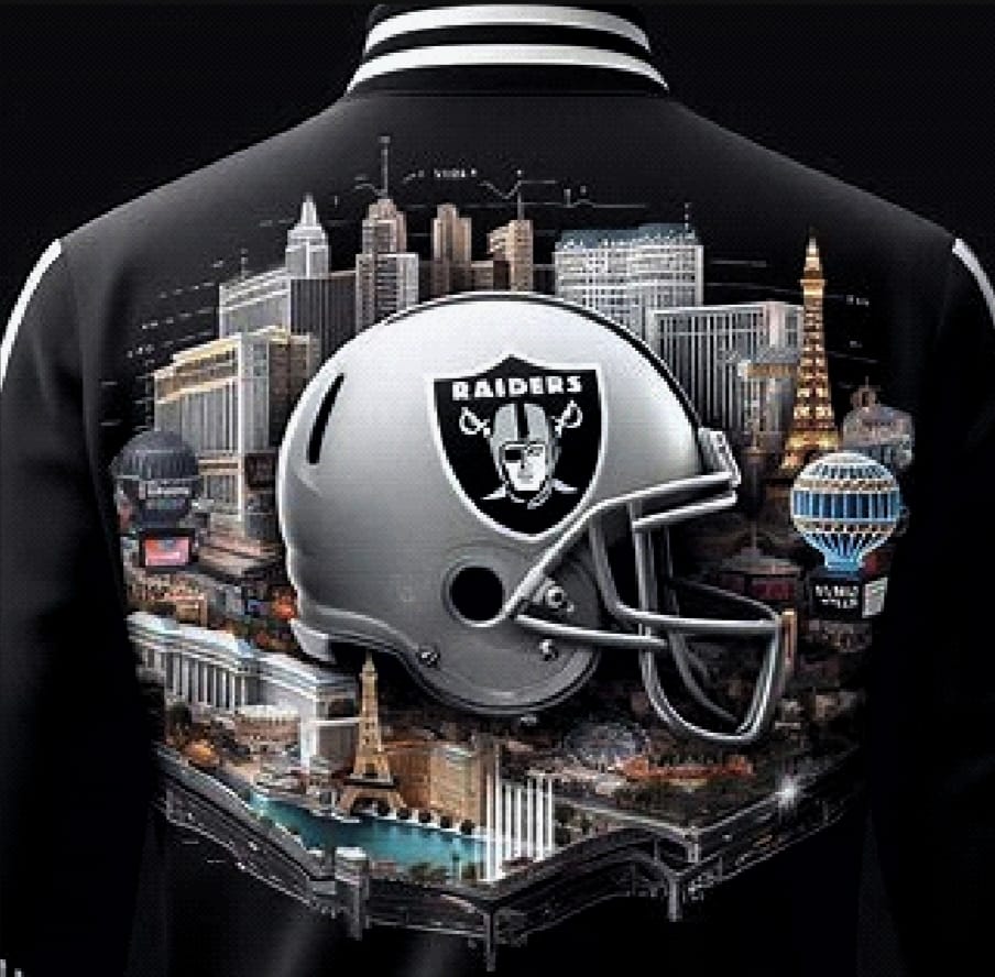 A raiders jacket with the skyline of oakland.