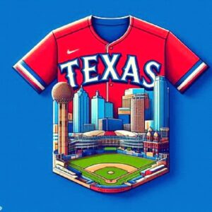 A red baseball jersey with the texas skyline in the background.