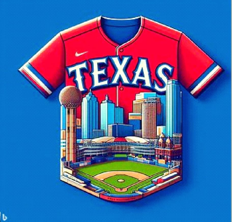 A red baseball jersey with the texas skyline in the background.