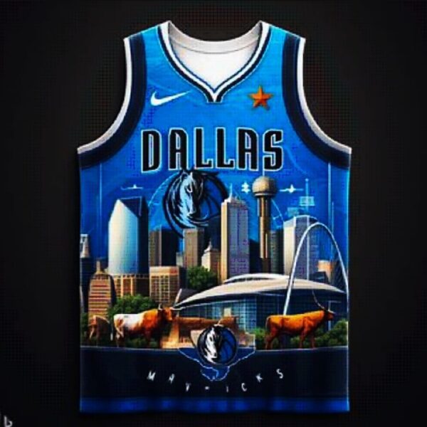 A blue and white basketball jersey with the city of dallas on it.