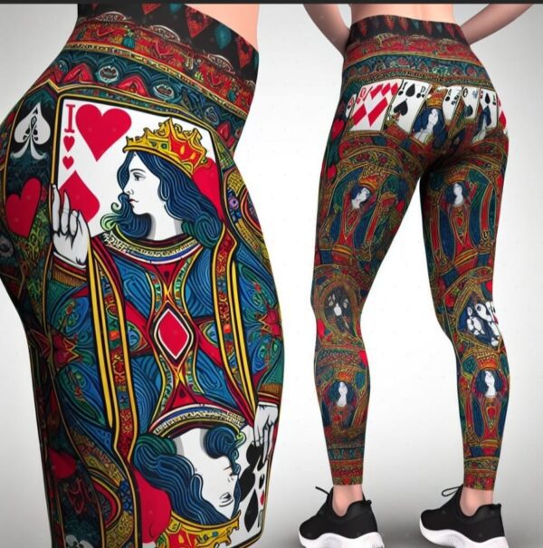 A woman wearing a pair of leggings with a picture of cards.