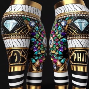 A pair of leggings with gold and black designs.