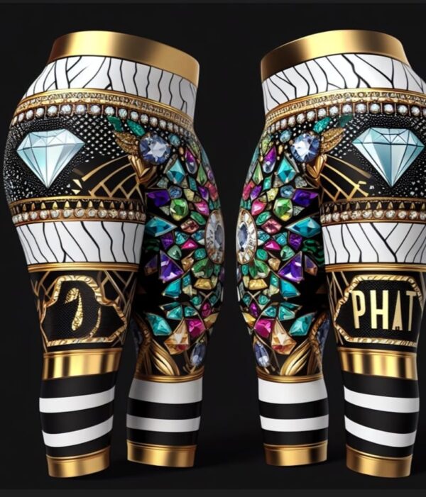 A pair of leggings with gold and black designs.