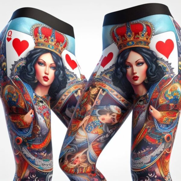 A pair of leggings with queen of hearts on them.