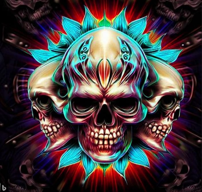 A painting of three skulls with colorful background