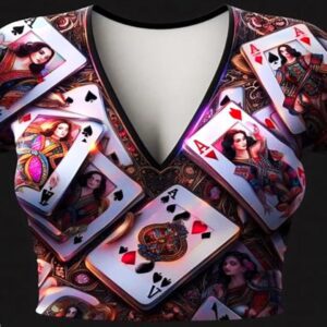 A woman 's blouse with playing cards on it.