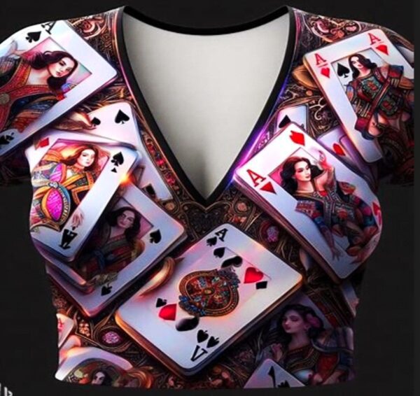 A woman 's blouse with playing cards on it.