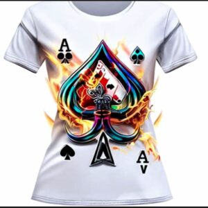 A white t-shirt with flames and a ace of spades.