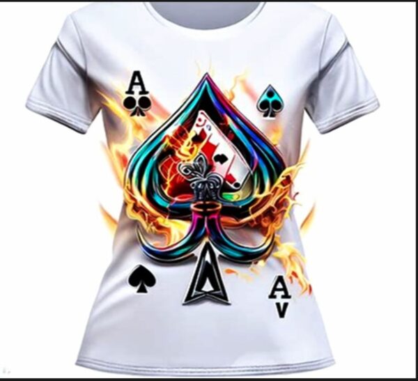 A white t-shirt with flames and a ace of spades.