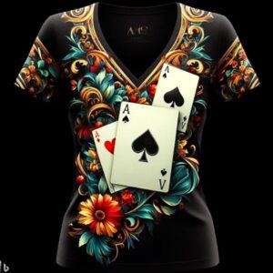 A black shirt with two cards on it