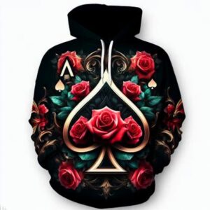 A black hoodie with roses and spades on it.