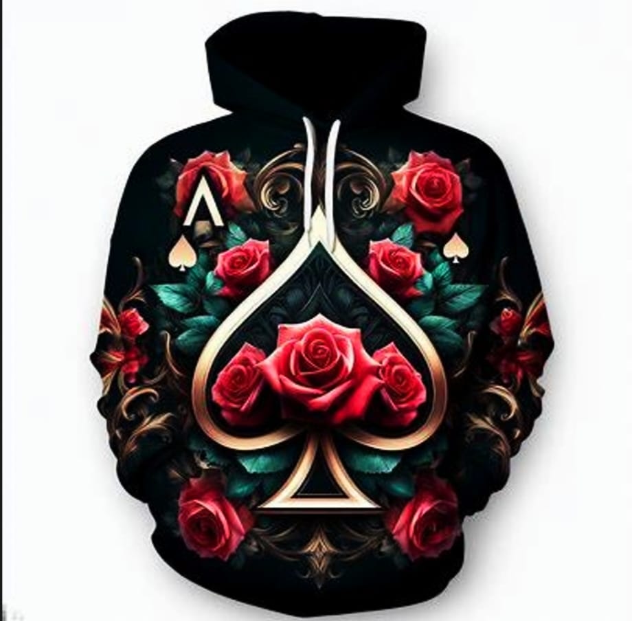 A black hoodie with roses and spades on it.