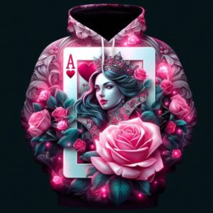 A woman with roses and a playing card on her chest.