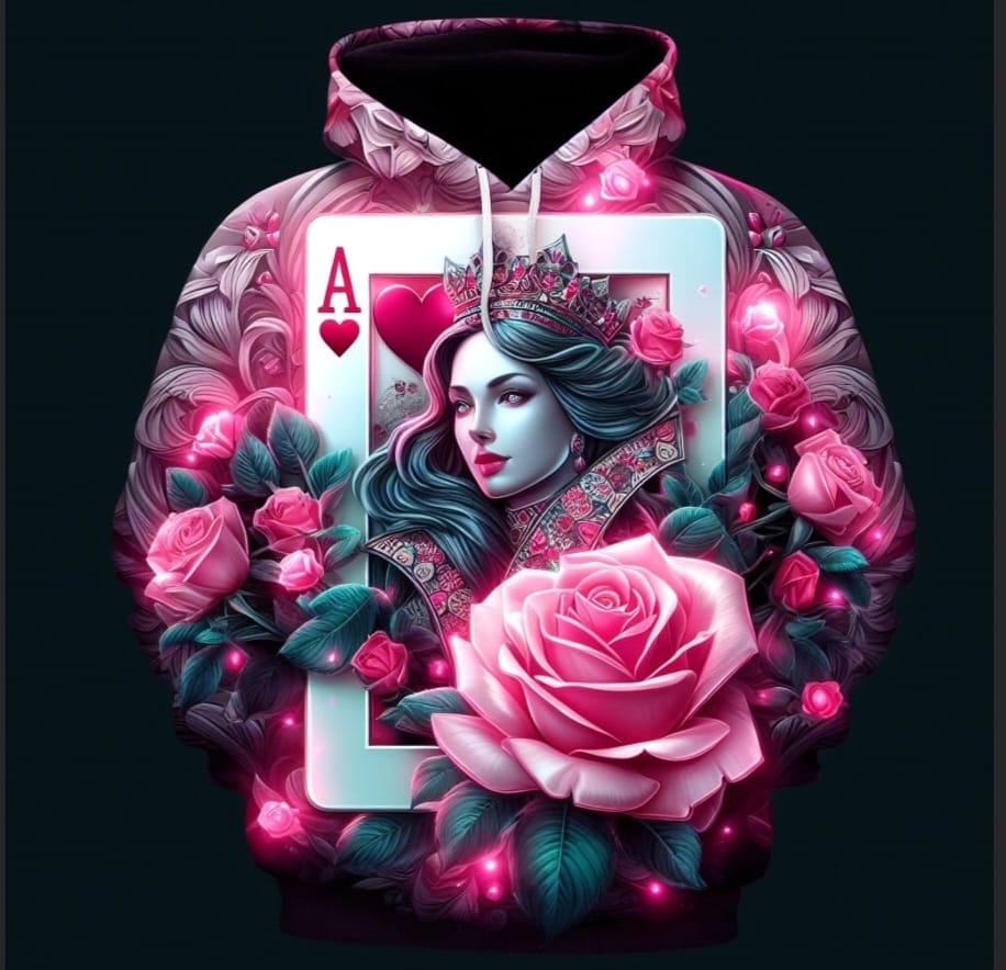 A woman with roses and a playing card on her chest.