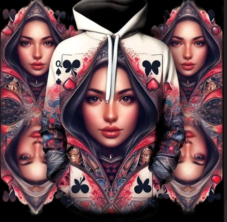 A woman with poker cards on her face and sleeves.