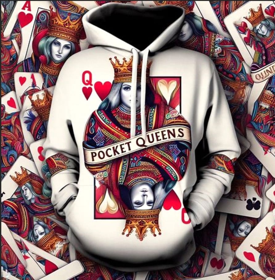 A king of hearts playing card with the words pocket queens.