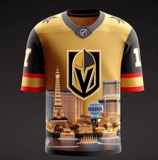 A vegas golden knights jersey with the city skyline in the background.