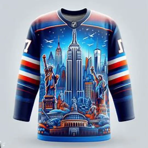 A hockey jersey with an image of the empire state building.