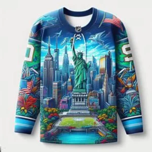 A painting of the statue of liberty on a long sleeve shirt.