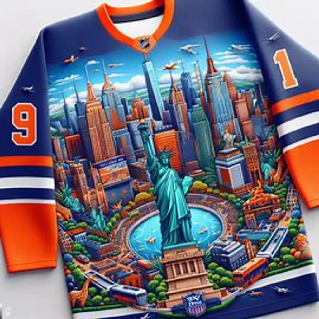 A painting of the statue of liberty on a hockey jersey.