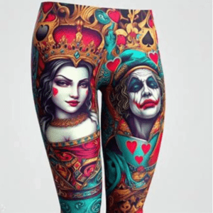 A woman with a crown and joker face on her legs.