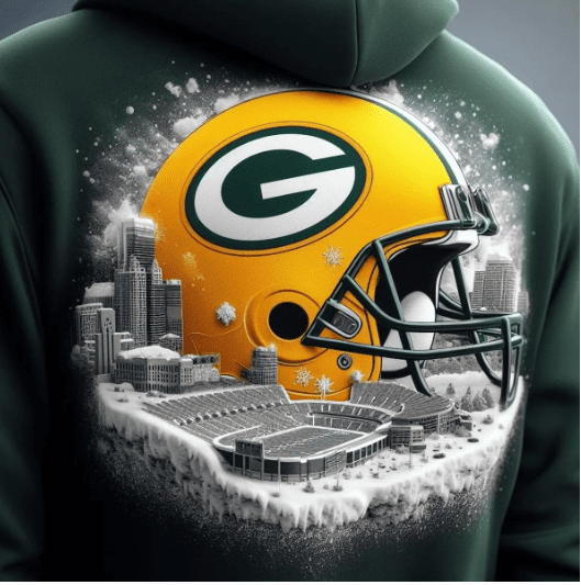 A green bay packers hoodie with the city skyline in the background.