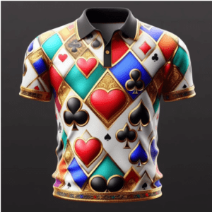 A colorful shirt with playing cards on it.