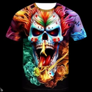 A colorful skull with flames and smoke coming from it.