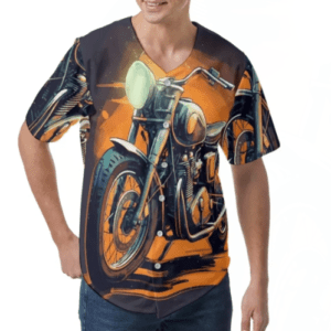 A man wearing an orange motorcycle shirt.