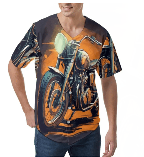 A man wearing an orange motorcycle shirt.