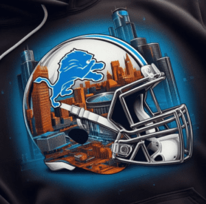 A painting of a helmet and skyline with the detroit lions logo.