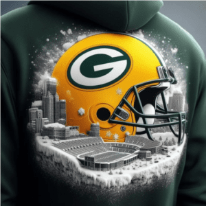 A green bay packers hoodie with the helmet on it.