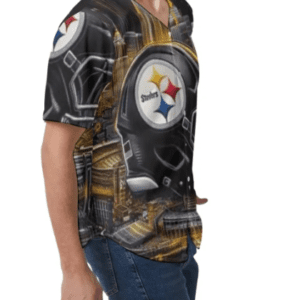 A man wearing a steelers shirt with the pittsburgh logo.