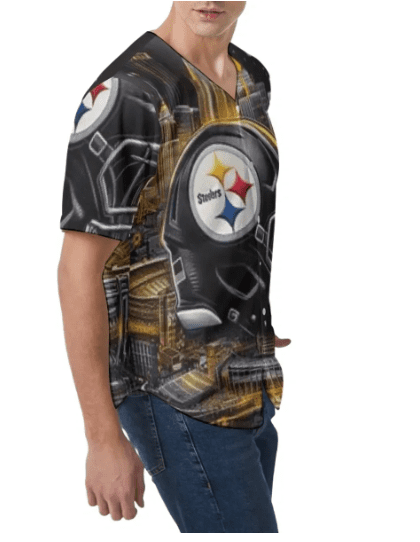 A man wearing a steelers shirt with the pittsburgh logo.