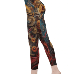 A woman wearing leggings with an artistic design.