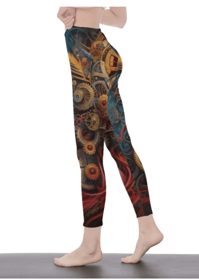 A woman wearing leggings with an artistic design.