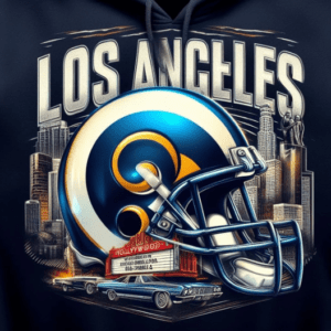 A los angeles rams helmet and logo on the front of a black hoodie.