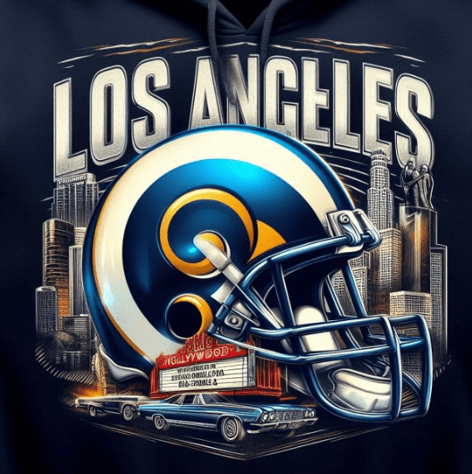 A los angeles rams helmet and logo on the front of a black hoodie.